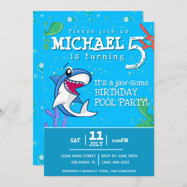 Shark Blue Ocean Kids Any Age Birthday Invitation (Front/Back)