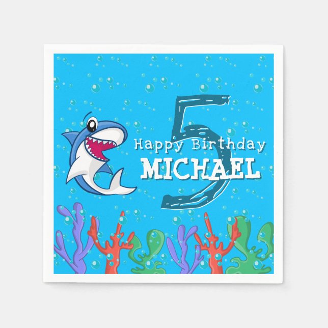 Shark Blue Ocean Kids Any Age Birthday Napkin (Front)