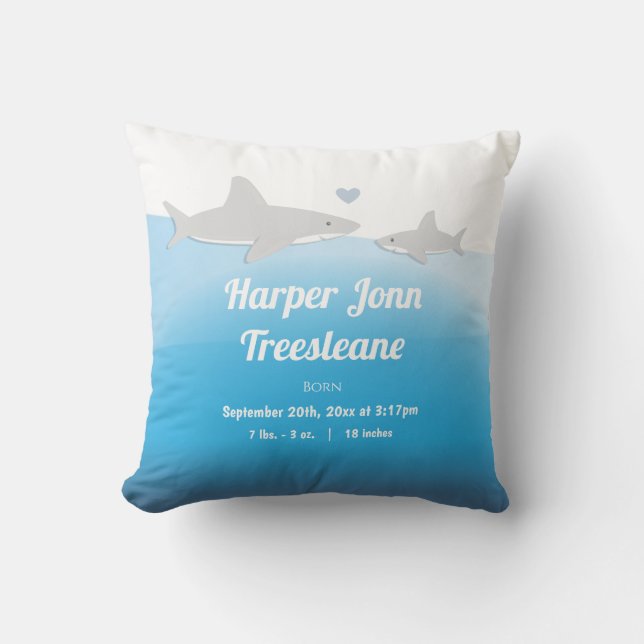 Shark Blue White Name Baby Birth Stats Cushion (Front)
