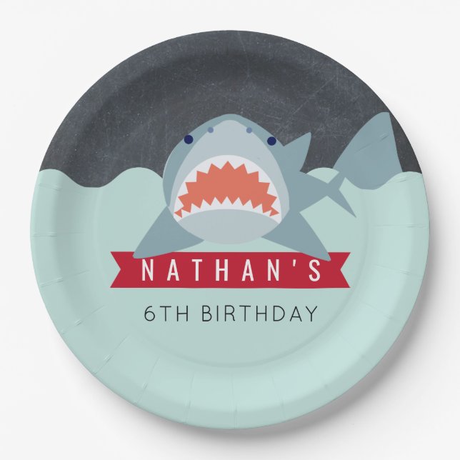 Shark Boy Navy Blue Pool Birthday Paper Plate (Front)