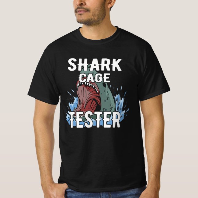 Shark Cage Tester – Funny Ocean Adventure Humor T-Shirt (Front)