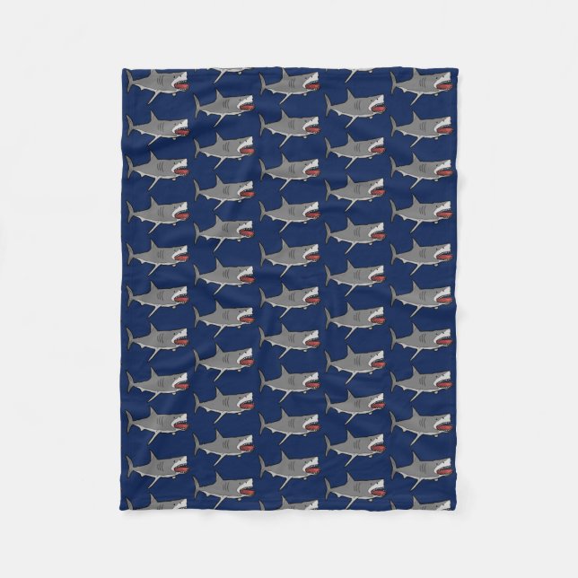 Shark Cartoon Pattern on Blue Fleece Blanket (Front)