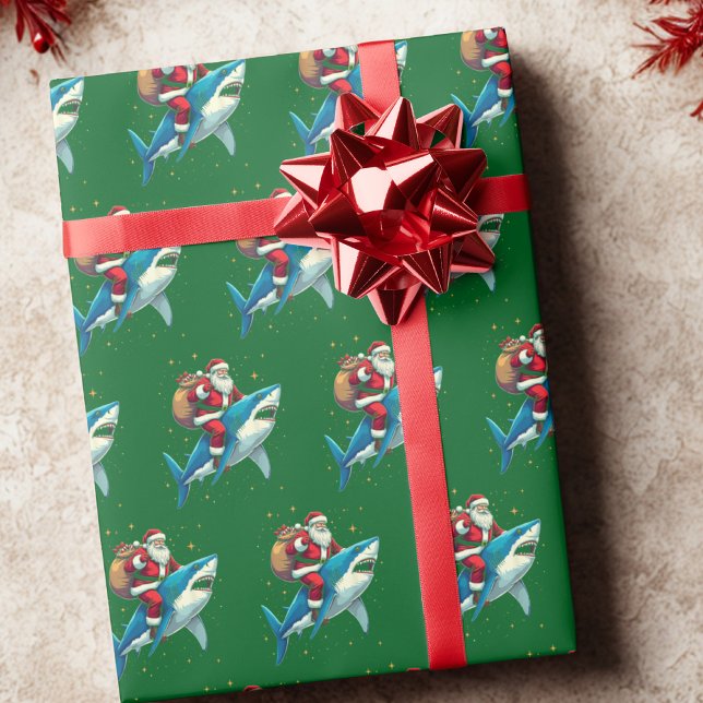 Shark Christmas Gift Wrap Santa Claus Riding Shark (Creator Uploaded)