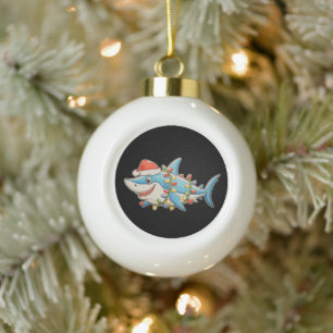 Shark Christmas Santa Hat Xmas Lights Sharkmas Ceramic Ball Christmas Ornament