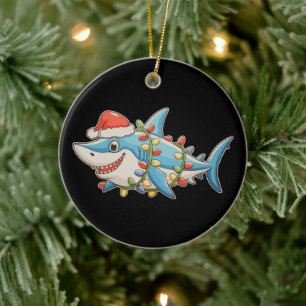 Shark Christmas Santa Hat Xmas Lights Sharkmas Ceramic Tree Decoration