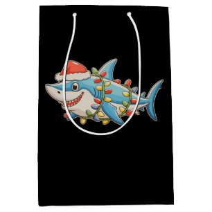 Shark Christmas Santa Hat Xmas Lights Sharkmas Medium Gift Bag