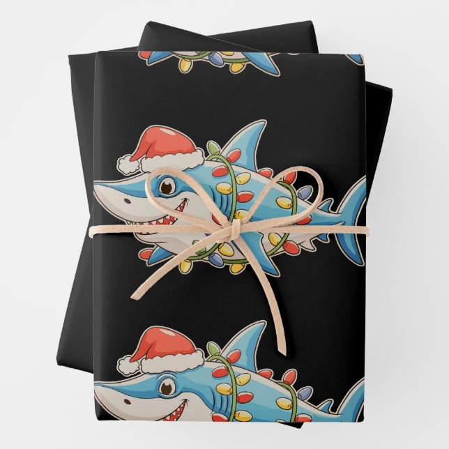 Shark Christmas Santa Hat Xmas Lights Sharkmas Wrapping Paper Sheet (In situ)