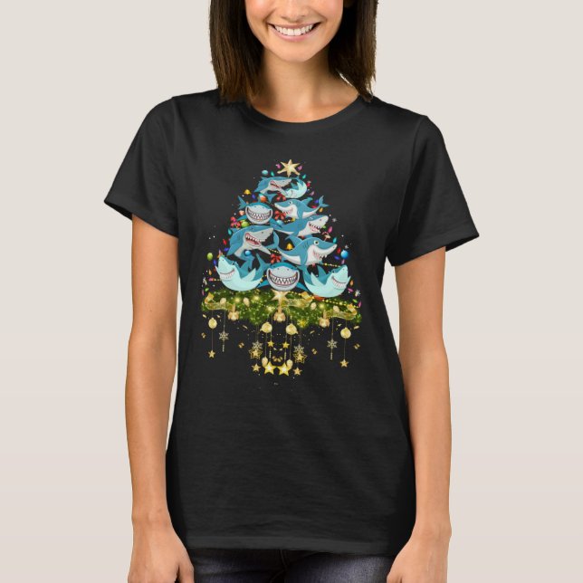 Shark Christmas Tree Lights Holiday Shark T-Shirt (Front)