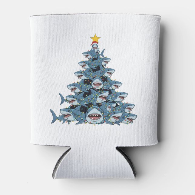 Shark Christmas Tree Santa Hat Christmas Lights   Can Cooler (Front)