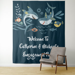 Shark couple beach theme engagement party tapestry