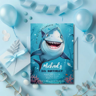 Shark Cute Ocean Boys Under the Sea Birthday Party Invitation