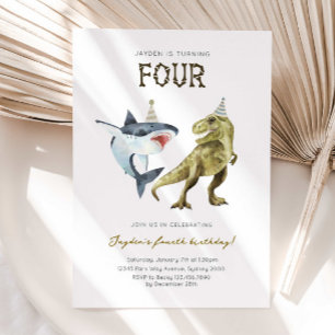 Shark & Dino 4th B'day Invite, T-rex Shark Party Invitation