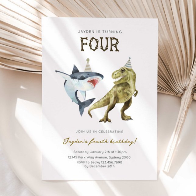 Shark & Dino 4th B'day Invite, T-rex Shark Party Invitation (Creator Uploaded)