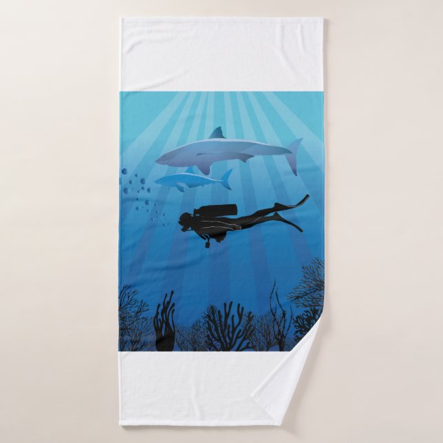 Shark Diving Scuba Diver Bath Towel (Bath Towel)