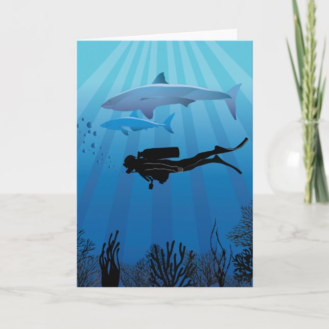 Shark Diving Scuba Diver Holiday Card (Front)