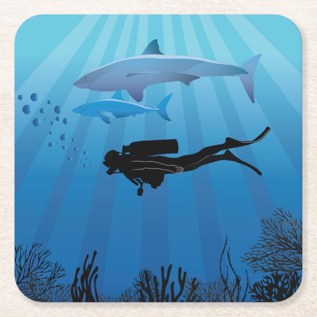 Shark Diving Scuba Diver Square Paper Coaster (Front)