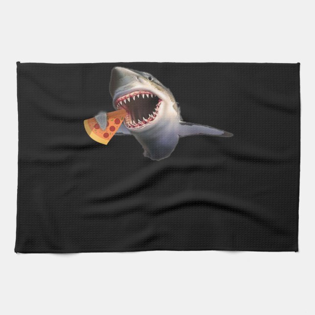 Shark Eating Pizza Shark Lovers Funny Gifts Tea Towel (Horizontal)