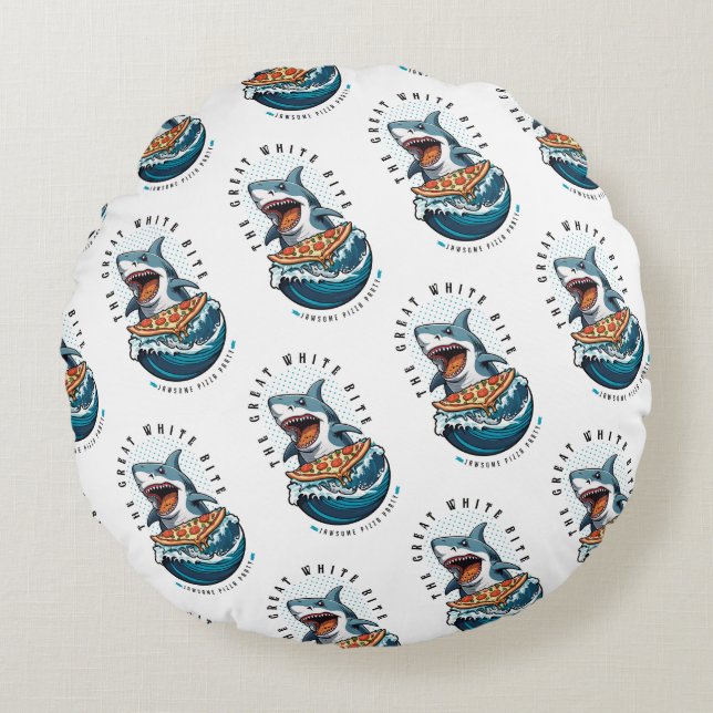 Shark Eating Pizza | The Great White Bite Jawsome  Round Cushion (Front)