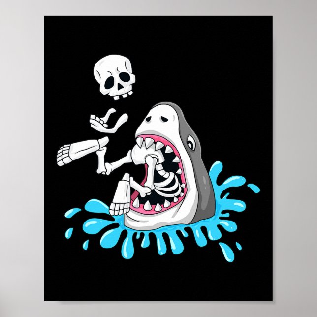Shark Eats Skeleton Fun Halloween Boys Girls Kids  Poster (Front)