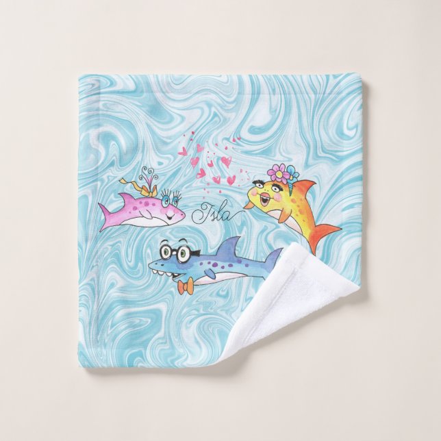 Shark Family Cartoon on Blue Waves Wash Cloth (Wash Cloth)
