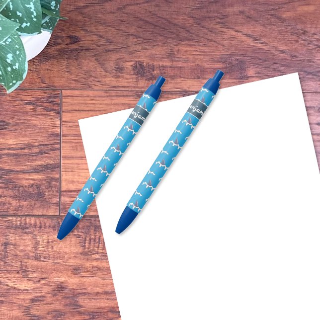 Shark fins pattern kid blue pen with name (Creator Uploaded)