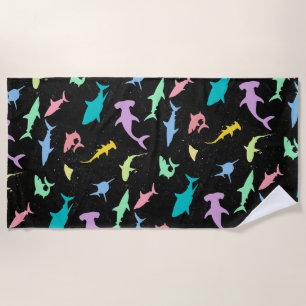 Shark fish colourful shadow on Dark galaxy Space Beach Towel