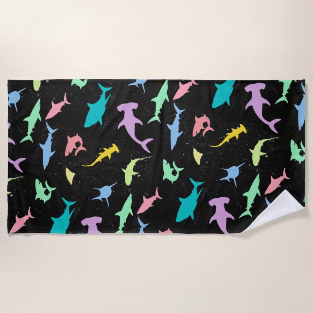 Shark fish colourful shadow on Dark galaxy Space Beach Towel (Front)