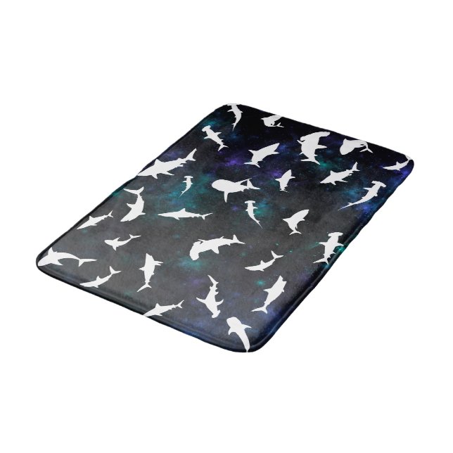 Shark fish white shadow on Dark galaxy Space Bath Mat (Angled)