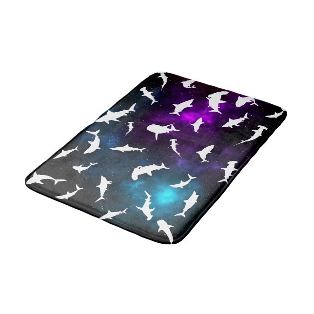 Shark fish white shadow on Dark galaxy Space Bath Mat (Angled)