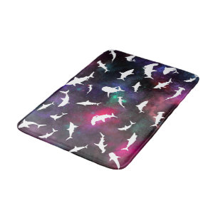 Shark fish white shadow on Dark galaxy Space Bath Mat