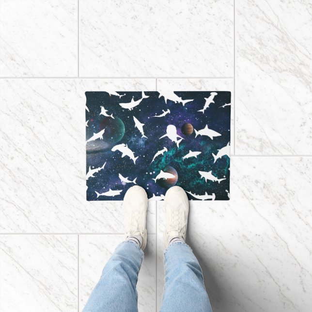 Shark fish white shadow on Dark galaxy Space Doormat (Indoor)