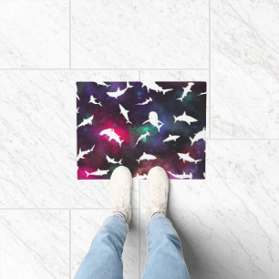 Shark fish white shadow on Dark galaxy Space Doormat