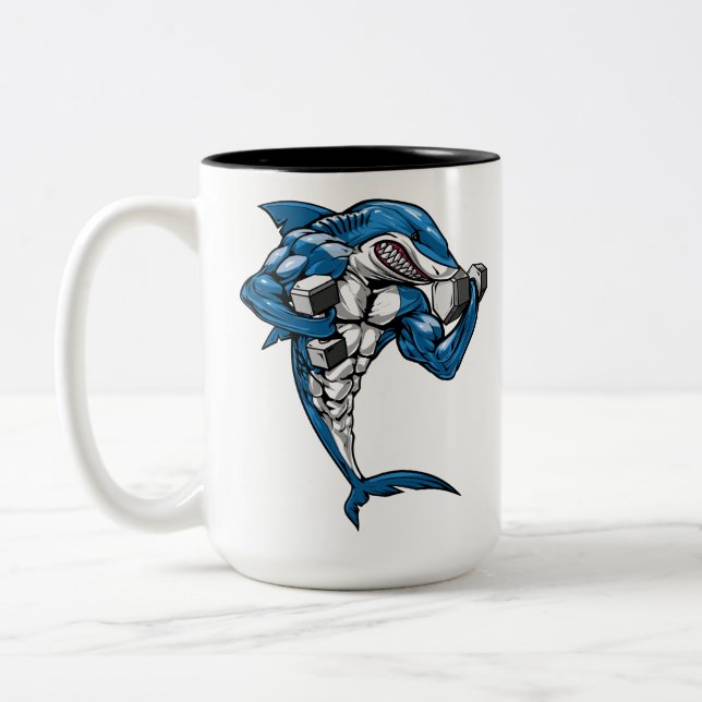 Shark Fitness Weightlifting Two-Tone Coffee Mug (Left)