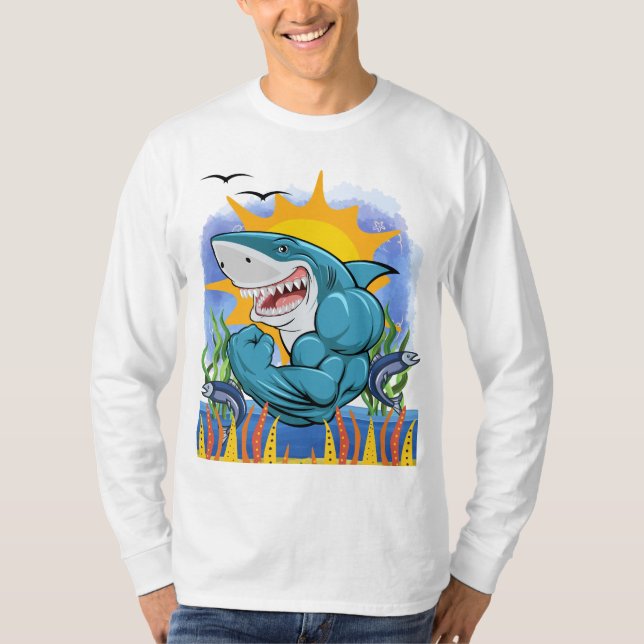 Shark Flexing Muscles Sea Life Sunshine L/S T-Shirt (Front)