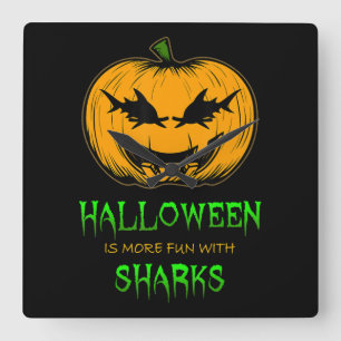 Shark Halloween Pumpkin Square Wall Clock