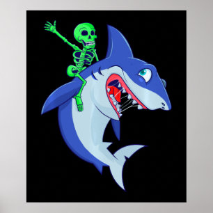 Shark Halloween Skeleton Riding Sharks Lover Funny Poster