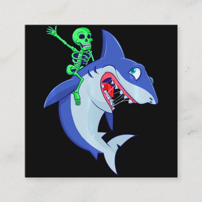 Shark Halloween Skeleton Riding Sharks Lover Funny Square Business Card (Front)