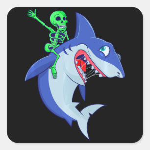 Shark Halloween Skeleton Riding Sharks Lover Funny Square Sticker