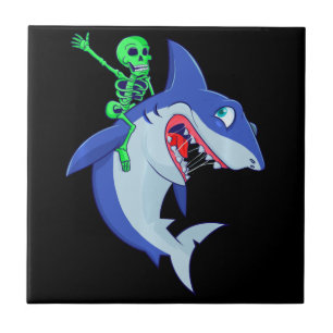 Shark Halloween Skeleton Riding Sharks Lover Funny Tile