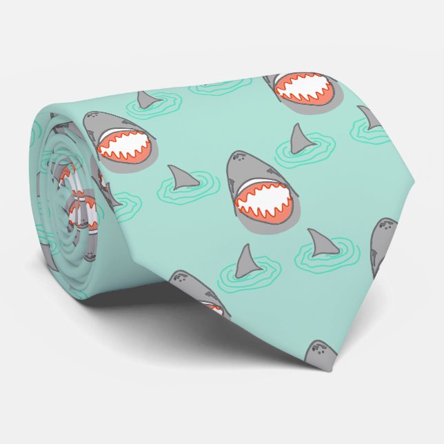 Shark Heads & Fins in Grey on Aqua w/ Ripples Tie (Rolled)