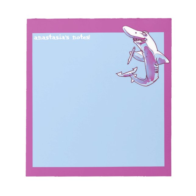 shark holds pencil funny cartoon customisable notepad (Front)