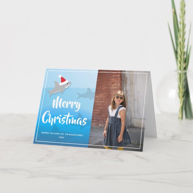 Shark in Santa Hat Christmas Folded Holiday Card (Front)