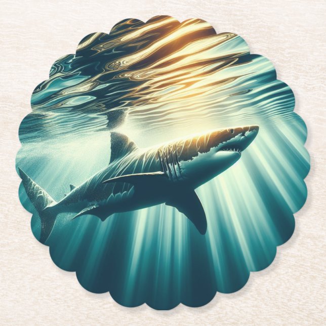 Shark in the deep blue sea & sunlight paper coaster (Front)