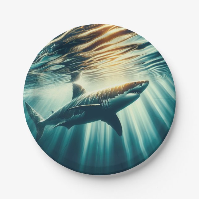Shark in the deep blue sea & sunlight paper plate (Front)