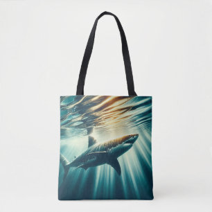 Shark in the deep blue sea & sunlight tote bag