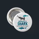 Shark Infested Any Age Birthday Party 3 Cm Round Badge<br><div class="desc">Celebrate in style with these trendy birthday party buttons. The design is easy to personalize with your own wording and your family and friends will be thrilled when they receive these fabulous party buttons.</div>