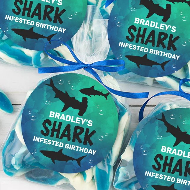 Shark Infested Any Age Birthday Party Classic Roun Round Sticker (Creator Uploaded)