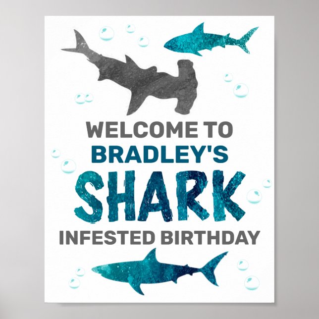 Shark Infested Any Age Birthday Party Welcome Sign (Front)