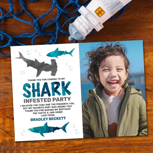 Shark Infested Any Age Birthday Photo Thank You Card (Creator Uploaded)