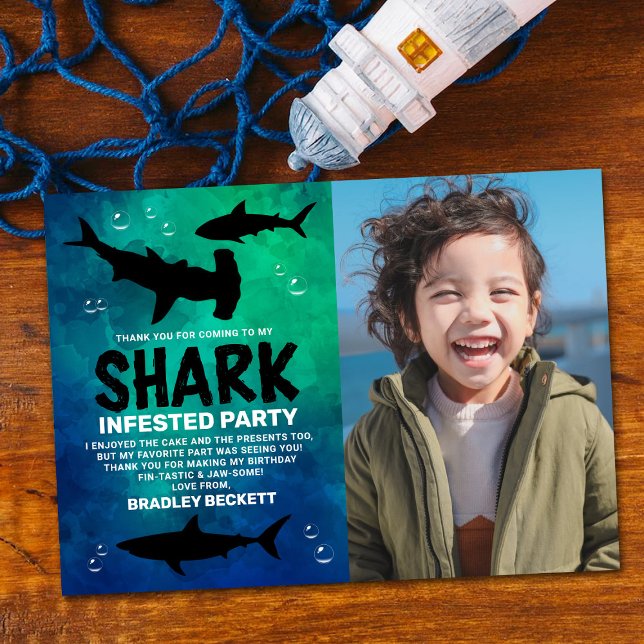 Shark Infested Any Age Birthday Photo Thank You Card (Creator Uploaded)